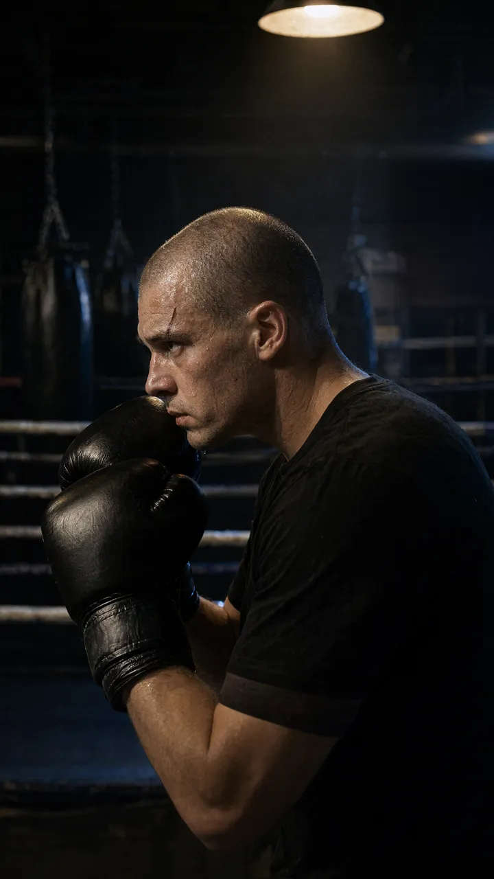 Boxeur concentré, gants levés