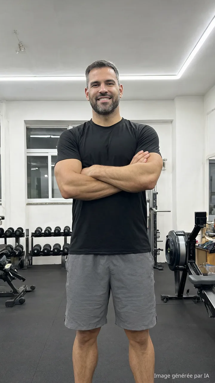Photo ordinaire d'un coach prise au téléphone dans une salle